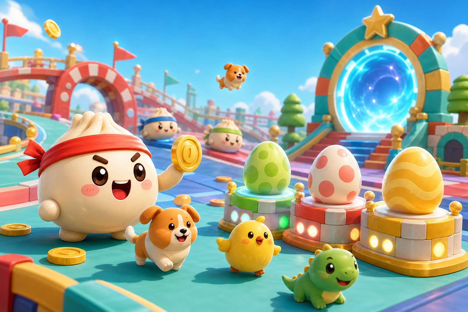 Dumpling racer choosing eggs and pets near a world gate