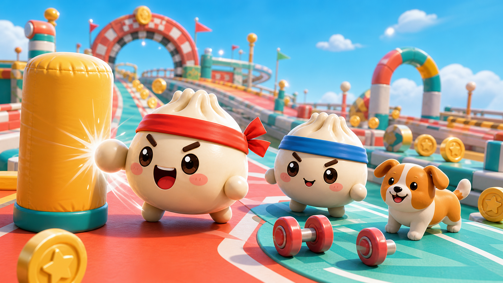 Dumpling racers training power on a colorful track